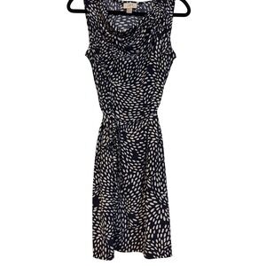 Ann Taylor LOFT Navy White Petal Print Cowlneck Sleeveless Belted Dress Womens M